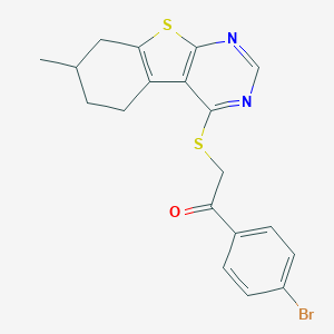 molecular formula C19H17BrN2OS2 B383328 1-(4-Bromophenyl)-2-[(7-methyl-5,6,7,8-tetrahydro-[1]benzothiolo[2,3-d]pyrimidin-4-yl)sulfanyl]ethanone CAS No. 455898-05-2