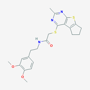 molecular formula C22H25N3O3S2 B383333 N-[2-(3,4-Dimethoxyphenyl)ethyl]-2-[(10-methyl-7-thia-9,11-diazatricyclo[6.4.0.02,6]dodeca-1(8),2(6),9,11-tetraen-12-yl)sulfanyl]acetamide CAS No. 496025-38-8