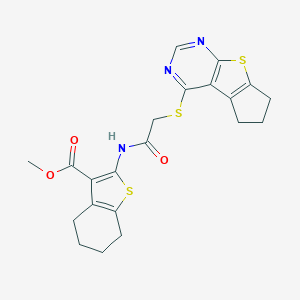 molecular formula C21H21N3O3S3 B383336 methyl 2-{[(6,7-dihydro-5H-cyclopenta[4,5]thieno[2,3-d]pyrimidin-4-ylsulfanyl)acetyl]amino}-4,5,6,7-tetrahydro-1-benzothiophene-3-carboxylate 