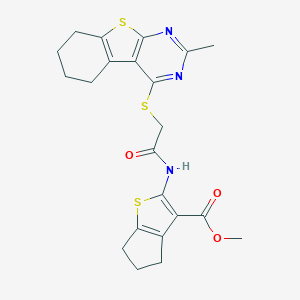 molecular formula C22H23N3O3S3 B383340 methyl 2-({[(2-methyl-5,6,7,8-tetrahydro[1]benzothieno[2,3-d]pyrimidin-4-yl)sulfanyl]acetyl}amino)-5,6-dihydro-4H-cyclopenta[b]thiophene-3-carboxylate 