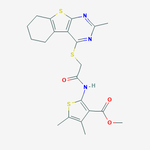 molecular formula C21H23N3O3S3 B383341 Methyl 4,5-dimethyl-2-({[(2-methyl-5,6,7,8-tetrahydro[1]benzothieno[2,3-d]pyrimidin-4-yl)sulfanyl]acetyl}amino)-3-thiophenecarboxylate 