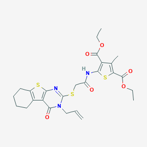 molecular formula C26H29N3O6S3 B383343 Diethyl 5-({[(3-allyl-4-oxo-3,4,5,6,7,8-hexahydro[1]benzothieno[2,3-d]pyrimidin-2-yl)sulfanyl]acetyl}amino)-3-methyl-2,4-thiophenedicarboxylate 