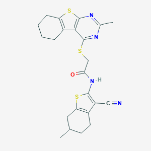 molecular formula C23H24N4OS3 B383344 N-(3-cyano-6-methyl-4,5,6,7-tetrahydro-1-benzothiophen-2-yl)-2-[(2-methyl-5,6,7,8-tetrahydro-[1]benzothiolo[2,3-d]pyrimidin-4-yl)sulfanyl]acetamide CAS No. 496026-03-0