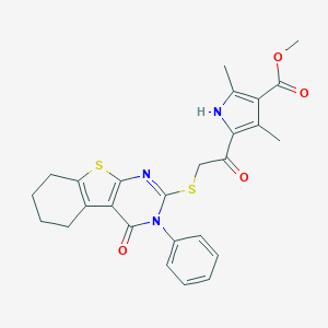 molecular formula C26H25N3O4S2 B383345 methyl 2,4-dimethyl-5-{[(4-oxo-3-phenyl-3,4,5,6,7,8-hexahydro[1]benzothieno[2,3-d]pyrimidin-2-yl)thio]acetyl}-1H-pyrrole-3-carboxylate 