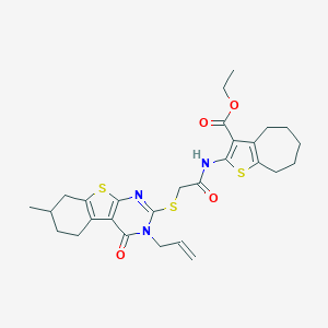 molecular formula C28H33N3O4S3 B383347 ethyl 2-({[(3-allyl-7-methyl-4-oxo-3,4,5,6,7,8-hexahydro[1]benzothieno[2,3-d]pyrimidin-2-yl)sulfanyl]acetyl}amino)-5,6,7,8-tetrahydro-4H-cyclohepta[b]thiophene-3-carboxylate 