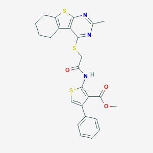 molecular formula C25H23N3O3S3 B383354 Methyl 2-({[(2-methyl-5,6,7,8-tetrahydro[1]benzothieno[2,3-d]pyrimidin-4-yl)sulfanyl]acetyl}amino)-4-phenyl-3-thiophenecarboxylate 