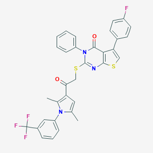 molecular formula C33H23F4N3O2S2 B383358 2-[(2-{2,5-dimethyl-1-[3-(trifluoromethyl)phenyl]-1H-pyrrol-3-yl}-2-oxoethyl)sulfanyl]-5-(4-fluorophenyl)-3-phenylthieno[2,3-d]pyrimidin-4(3H)-one 