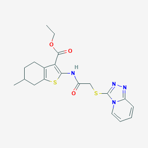 molecular formula C20H22N4O3S2 B383371 ethyl 2-(2-([1,2,4]triazolo[4,3-a]pyridin-3-ylthio)acetamido)-6-methyl-4,5,6,7-tetrahydrobenzo[b]thiophene-3-carboxylate CAS No. 442865-28-3