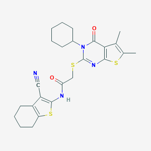 molecular formula C25H28N4O2S3 B383419 N-(3-cyano-4,5,6,7-tetrahydro-1-benzothien-2-yl)-2-[(3-cyclohexyl-5,6-dimethyl-4-oxo-3,4-dihydrothieno[2,3-d]pyrimidin-2-yl)sulfanyl]acetamide 
