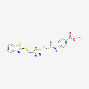 molecular formula C21H18N4O4S3 B383494 Ethyl 4-[[2-[[5-(1,3-benzothiazol-2-ylsulfanylmethyl)-1,3,4-oxadiazol-2-yl]sulfanyl]acetyl]amino]benzoate CAS No. 438481-65-3