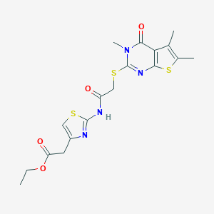 molecular formula C18H20N4O4S3 B383523 Ethyl 2-[2-[[2-(3,5,6-trimethyl-4-oxothieno[2,3-d]pyrimidin-2-yl)sulfanylacetyl]amino]-1,3-thiazol-4-yl]acetate CAS No. 489413-78-7