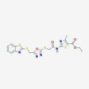 molecular formula C19H17N5O4S4 B383525 Ethyl 2-[[2-[[5-(1,3-benzothiazol-2-ylsulfanylmethyl)-1,3,4-oxadiazol-2-yl]sulfanyl]acetyl]amino]-4-methyl-1,3-thiazole-5-carboxylate CAS No. 488119-56-8