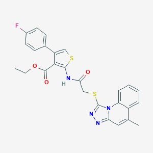 molecular formula C26H21FN4O3S2 B383684 ethyl 4-(4-fluorophenyl)-2-(2-((5-methyl-[1,2,4]triazolo[4,3-a]quinolin-1-yl)thio)acetamido)thiophene-3-carboxylate CAS No. 315684-55-0