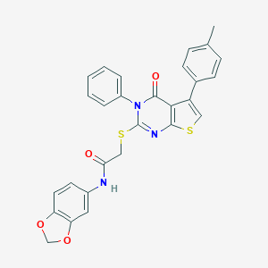 molecular formula C28H21N3O4S2 B383689 N-(1,3-benzodioxol-5-yl)-2-{[5-(4-methylphenyl)-4-oxo-3-phenyl-3,4-dihydrothieno[2,3-d]pyrimidin-2-yl]sulfanyl}acetamide 