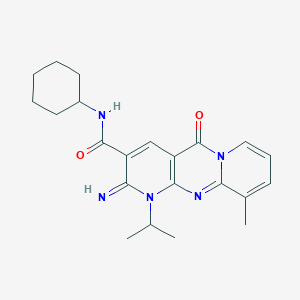 molecular formula C22H27N5O2 B383750 N-cyclohexyl-6-imino-11-methyl-2-oxo-7-propan-2-yl-1,7,9-triazatricyclo[8.4.0.03,8]tetradeca-3(8),4,9,11,13-pentaene-5-carboxamide 