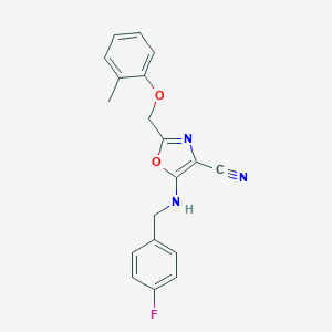 molecular formula C19H16FN3O2 B383768 5-[(4-Fluorobenzyl)amino]-2-[(2-methylphenoxy)methyl]-1,3-oxazole-4-carbonitrile CAS No. 606948-74-7