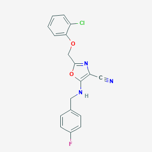 molecular formula C18H13ClFN3O2 B383773 2-[(2-Chlorophenoxy)methyl]-5-[(4-fluorobenzyl)amino]-1,3-oxazole-4-carbonitrile CAS No. 606948-80-5