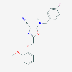 molecular formula C19H16FN3O3 B383775 5-[(4-Fluorobenzyl)amino]-2-[(2-methoxyphenoxy)methyl]-1,3-oxazole-4-carbonitrile CAS No. 606949-07-9