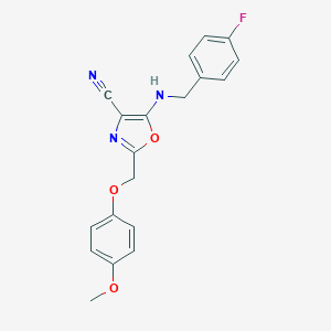 molecular formula C19H16FN3O3 B383777 5-[(4-Fluorobenzyl)amino]-2-[(4-methoxyphenoxy)methyl]-1,3-oxazole-4-carbonitrile CAS No. 606949-01-3