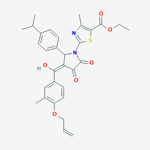 molecular formula C31H32N2O6S B383891 ETHYL 2-{3-HYDROXY-4-[3-METHYL-4-(PROP-2-EN-1-YLOXY)BENZOYL]-2-OXO-5-[4-(PROPAN-2-YL)PHENYL]-2,5-DIHYDRO-1H-PYRROL-1-YL}-4-METHYL-1,3-THIAZOLE-5-CARBOXYLATE 