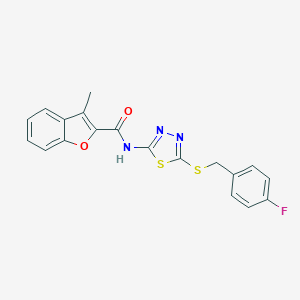 molecular formula C19H14FN3O2S2 B384032 N-{5-[(4-fluorobenzyl)sulfanyl]-1,3,4-thiadiazol-2-yl}-3-methyl-1-benzofuran-2-carboxamide 