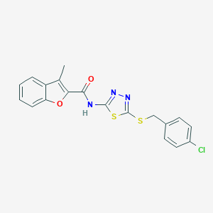 molecular formula C19H14ClN3O2S2 B384063 N-{5-[(4-chlorobenzyl)sulfanyl]-1,3,4-thiadiazol-2-yl}-3-methyl-1-benzofuran-2-carboxamide 