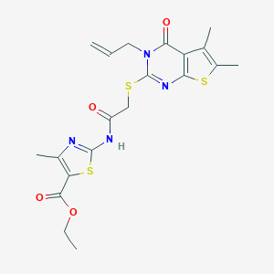 molecular formula C20H22N4O4S3 B384185 Ethyl 2-[[2-(5,6-dimethyl-4-oxo-3-prop-2-enylthieno[2,3-d]pyrimidin-2-yl)sulfanylacetyl]amino]-4-methyl-1,3-thiazole-5-carboxylate CAS No. 501112-74-9