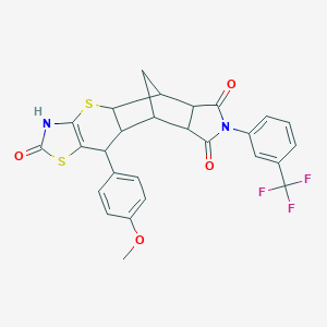 molecular formula C27H21F3N2O4S2 B384205 9-(4-methoxyphenyl)-14-[3-(trifluoromethyl)phenyl]-3,7-dithia-5,14-diazapentacyclo[9.5.1.02,10.04,8.012,16]heptadec-4(8)-ene-6,13,15-trione 