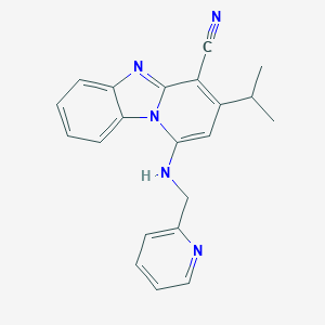 molecular formula C21H19N5 B384498 11-(propan-2-yl)-13-{[(pyridin-2-yl)methyl]amino}-1,8-diazatricyclo[7.4.0.0^{2,7}]trideca-2(7),3,5,8,10,12-hexaene-10-carbonitrile CAS No. 612523-40-7