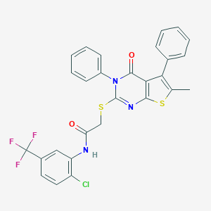 molecular formula C28H19ClF3N3O2S2 B384524 N-[2-chloro-5-(trifluoromethyl)phenyl]-2-[(6-methyl-4-oxo-3,5-diphenyl-3,4-dihydrothieno[2,3-d]pyrimidin-2-yl)sulfanyl]acetamide 
