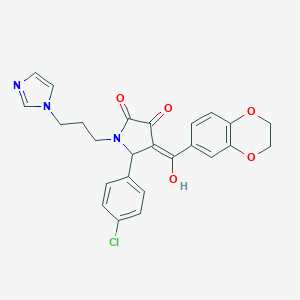 molecular formula C25H22ClN3O5 B384583 (4E)-5-(4-chlorophenyl)-4-[2,3-dihydro-1,4-benzodioxin-6-yl(hydroxy)methylidene]-1-(3-imidazol-1-ylpropyl)pyrrolidine-2,3-dione 