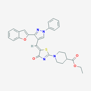 molecular formula C29H26N4O4S B384663 ethyl 1-(5-{[3-(1-benzofuran-2-yl)-1-phenyl-1H-pyrazol-4-yl]methylene}-4-oxo-4,5-dihydro-1,3-thiazol-2-yl)-4-piperidinecarboxylate 