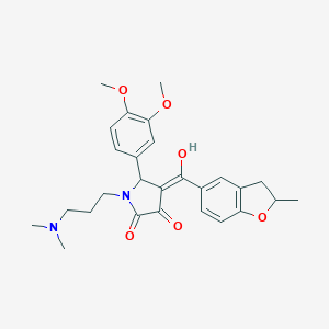 molecular formula C27H32N2O6 B384855 (4E)-5-(3,4-dimethoxyphenyl)-1-[3-(dimethylamino)propyl]-4-[hydroxy-(2-methyl-2,3-dihydro-1-benzofuran-5-yl)methylidene]pyrrolidine-2,3-dione CAS No. 618424-78-5