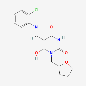 molecular formula C16H16ClN3O4 B3849017 (5E)-5-{[(2-chlorophenyl)amino]methylidene}-1-(tetrahydrofuran-2-ylmethyl)pyrimidine-2,4,6(1H,3H,5H)-trione 