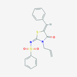 molecular formula C19H16N2O3S2 B384934 N-(3-allyl-5-benzylidene-4-oxo-1,3-thiazolidin-2-ylidene)benzenesulfonamide 