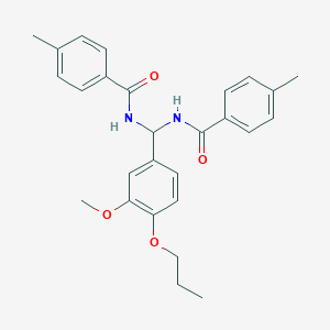 molecular formula C27H30N2O4 B385129 N-{(3-methoxy-4-propoxyphenyl)[(4-methylbenzoyl)amino]methyl}-4-methylbenzamide 