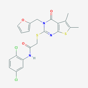 molecular formula C21H17Cl2N3O3S2 B385568 N-(2,5-dichlorophenyl)-2-{[3-(2-furylmethyl)-5,6-dimethyl-4-oxo-3,4-dihydrothieno[2,3-d]pyrimidin-2-yl]sulfanyl}acetamide 