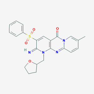 molecular formula C23H22N4O4S B385654 5-(benzenesulfonyl)-6-imino-13-methyl-7-(oxolan-2-ylmethyl)-1,7,9-triazatricyclo[8.4.0.03,8]tetradeca-3(8),4,9,11,13-pentaen-2-one CAS No. 606954-49-8