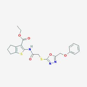 molecular formula C21H21N3O5S2 B385682 ethyl 2-[({[5-(phenoxymethyl)-1,3,4-oxadiazol-2-yl]sulfanyl}acetyl)amino]-5,6-dihydro-4H-cyclopenta[b]thiophene-3-carboxylate 