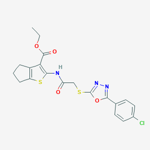molecular formula C20H18ClN3O4S2 B385686 ethyl 2-[[2-[[5-(4-chlorophenyl)-1,3,4-oxadiazol-2-yl]sulfanyl]acetyl]amino]-5,6-dihydro-4H-cyclopenta[b]thiophene-3-carboxylate CAS No. 540775-84-6