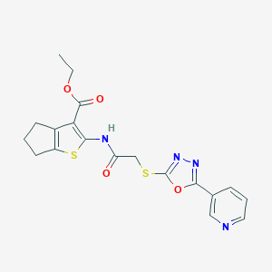 molecular formula C19H18N4O4S2 B385692 ethyl 2-(2-((5-(pyridin-3-yl)-1,3,4-oxadiazol-2-yl)thio)acetamido)-5,6-dihydro-4H-cyclopenta[b]thiophene-3-carboxylate CAS No. 538337-49-4