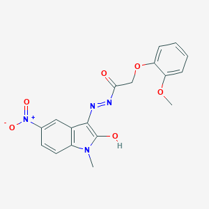 molecular formula C18H16N4O6 B385901 N'-{5-nitro-1-methyl-2-oxo-1,2-dihydro-3H-indol-3-ylidene}-2-(2-methoxyphenoxy)acetohydrazide 