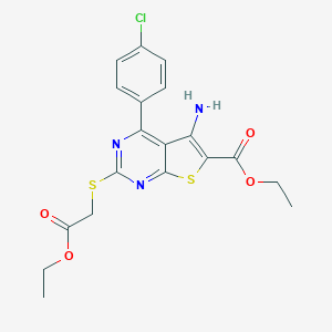 molecular formula C19H18ClN3O4S2 B385977 Ethyl 5-amino-4-(4-chlorophenyl)-2-[(2-ethoxy-2-oxoethyl)thio]thieno[2,3-d]pyrimidine-6-carboxylate 