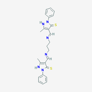 molecular formula C25H26N6S2 B386194 3-methyl-4-{[(3-{[(3-methyl-1-phenyl-5-sulfanyl-1H-pyrazol-4-yl)methylene]amino}propyl)imino]methyl}-1-phenyl-1H-pyrazole-5-thiol 
