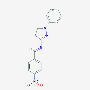 molecular formula C16H14N4O2 B386223 (E)-1-(4-NITROPHENYL)-N-(1-PHENYL-4,5-DIHYDRO-1H-PYRAZOL-3-YL)METHANIMINE 