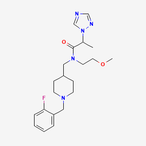 molecular formula C21H30FN5O2 B3862722 N-[[1-[(2-fluorophenyl)methyl]piperidin-4-yl]methyl]-N-(2-methoxyethyl)-2-(1,2,4-triazol-1-yl)propanamide 