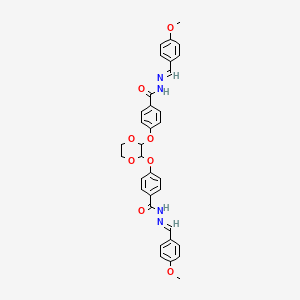 molecular formula C34H32N4O8 B3865514 N-[(E)-(4-methoxyphenyl)methylideneamino]-4-[[3-[4-[[(E)-(4-methoxyphenyl)methylideneamino]carbamoyl]phenoxy]-1,4-dioxan-2-yl]oxy]benzamide 