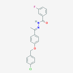 molecular formula C22H18ClFN2O2 B386728 N'-(1-{4-[(4-chlorobenzyl)oxy]phenyl}ethylidene)-3-fluorobenzohydrazide 