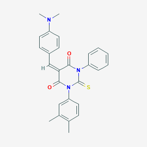 molecular formula C27H25N3O2S B386828 (5E)-5-{[4-(DIMETHYLAMINO)PHENYL]METHYLIDENE}-1-(3,4-DIMETHYLPHENYL)-3-PHENYL-2-SULFANYLIDENE-1,3-DIAZINANE-4,6-DIONE 