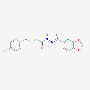 molecular formula C17H15ClN2O3S B386932 N'-[(E)-(2H-1,3-BENZODIOXOL-5-YL)METHYLIDENE]-2-{[(4-CHLOROPHENYL)METHYL]SULFANYL}ACETOHYDRAZIDE 